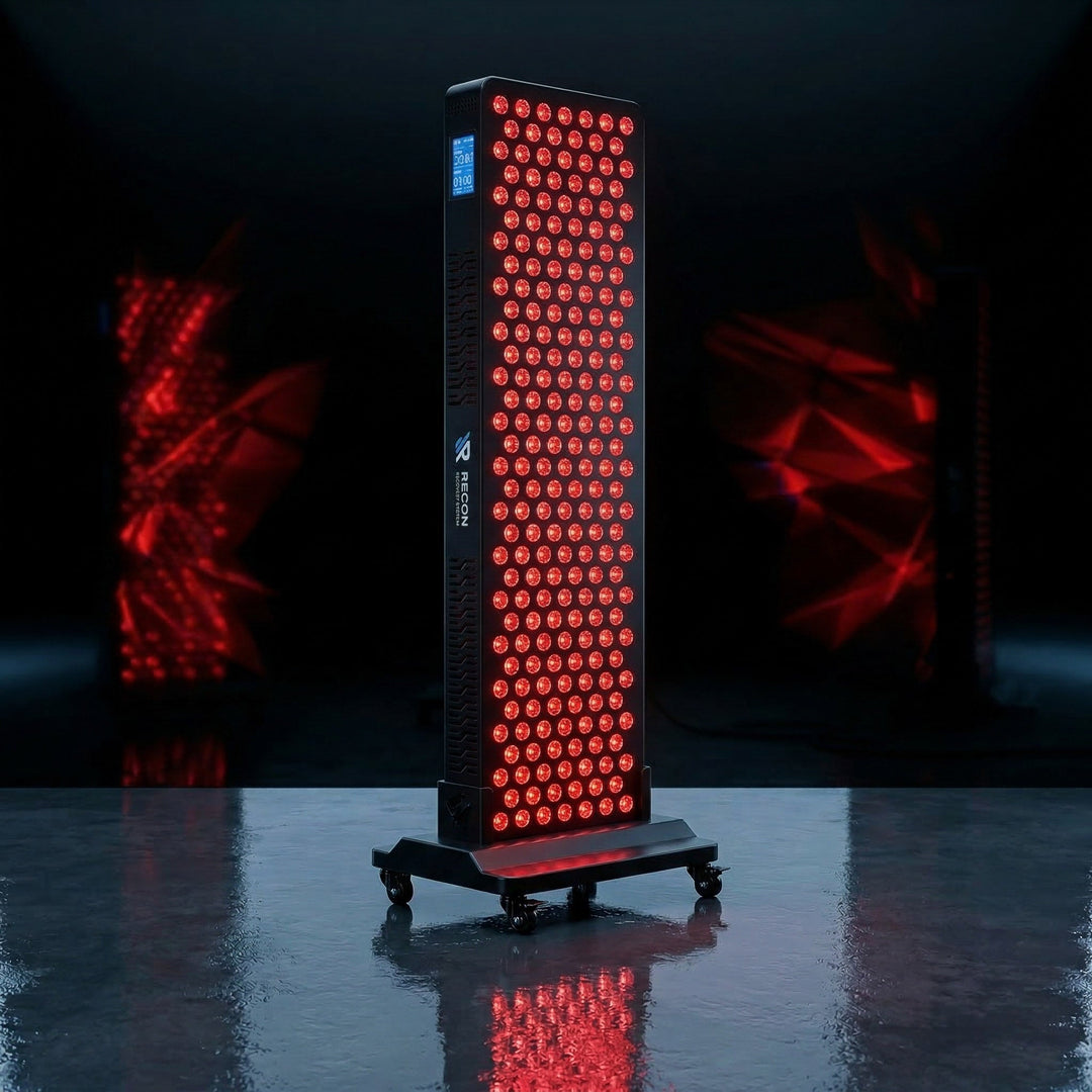 Recon Restore Edge red light therapy panel glowing in a cinematic dark studio