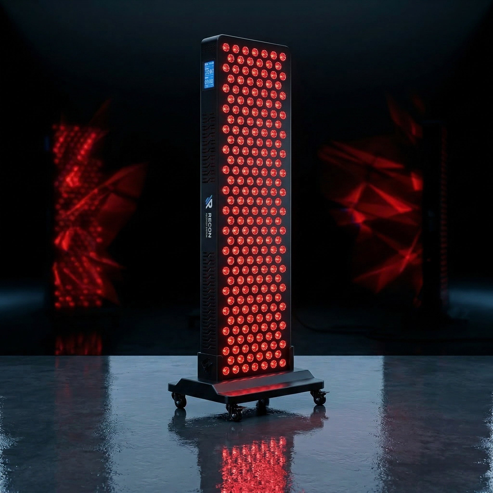Recon Restore Edge red light therapy panel glowing in a cinematic dark studio