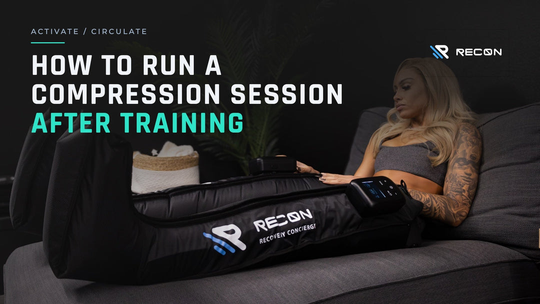 RECON Pro Compression Boots in a session on a couch, title card: How to Run a Compression Session After Training