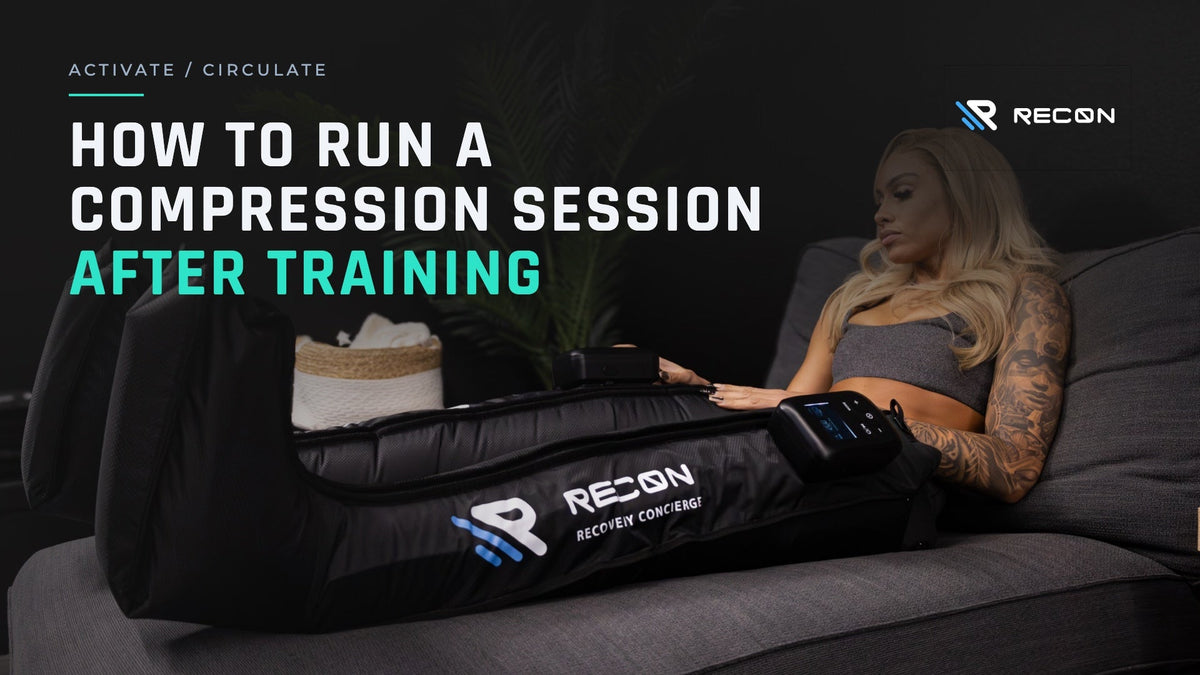 RECON Pro Compression Boots in a session on a couch, title card: How to Run a Compression Session After Training
