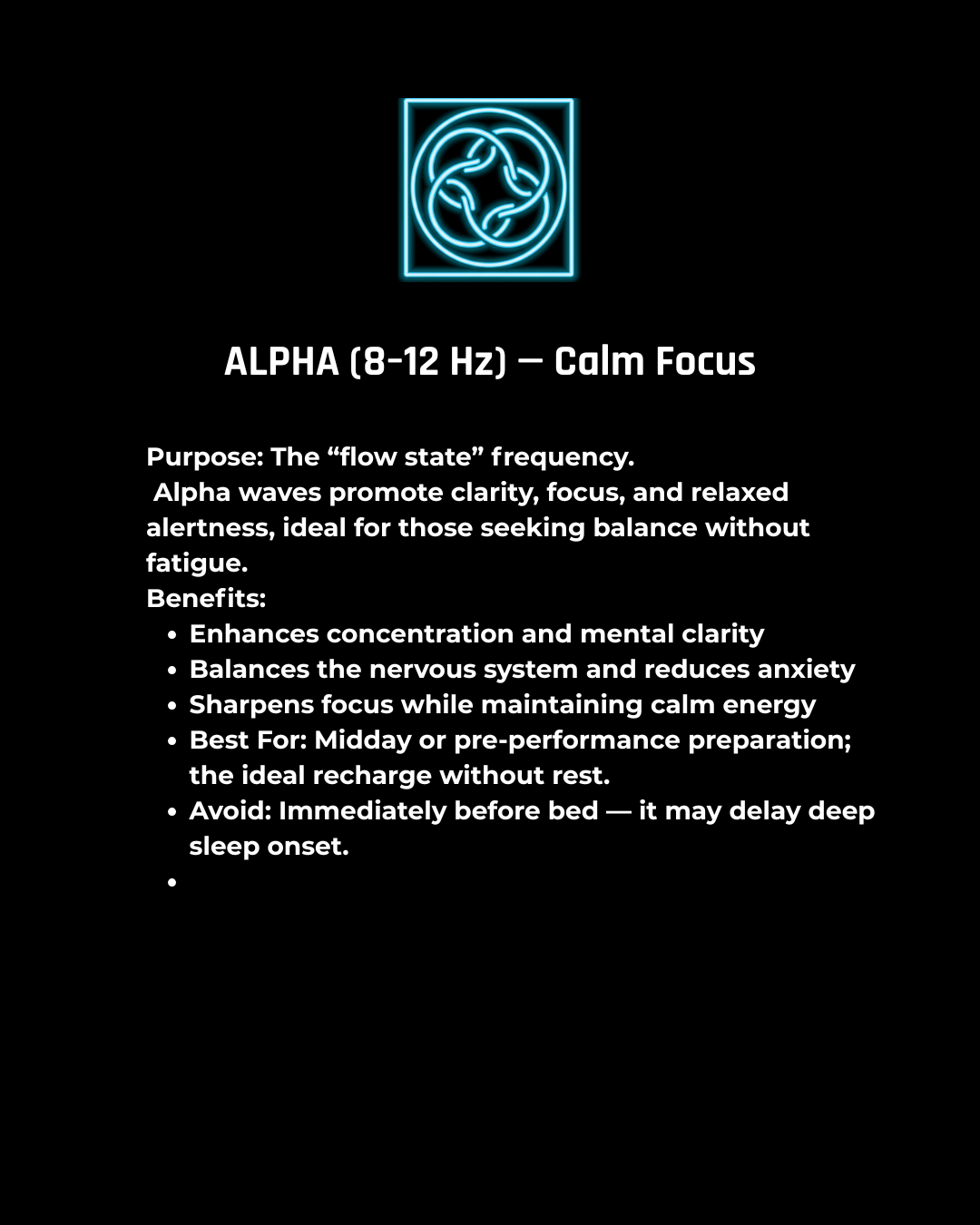 Information about Alpha brainwave frequency on a black background with a blue logo.