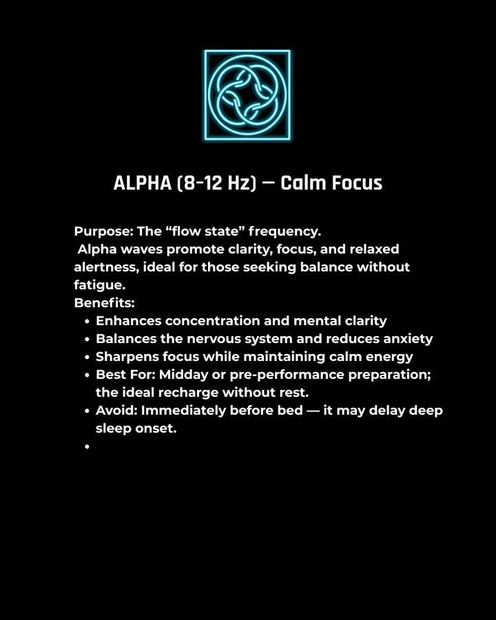 Information about Alpha brainwave frequency on a black background with a blue logo.
