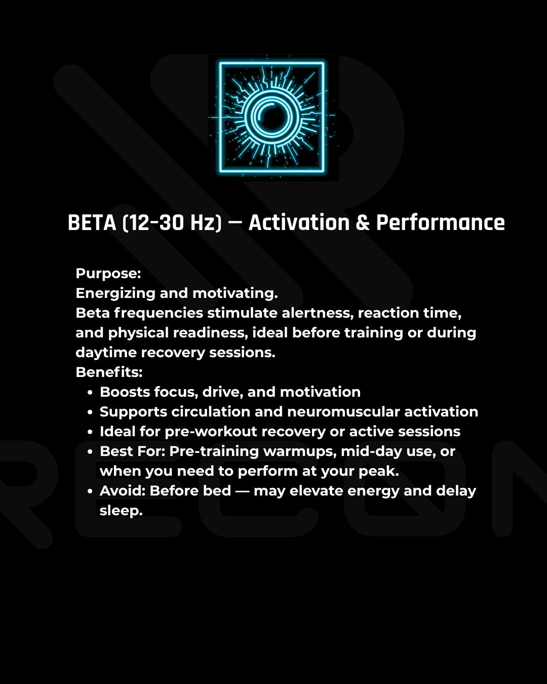 Information about Beta (12-30 Hz) frequencies on a black background with a glowing circular symbol.