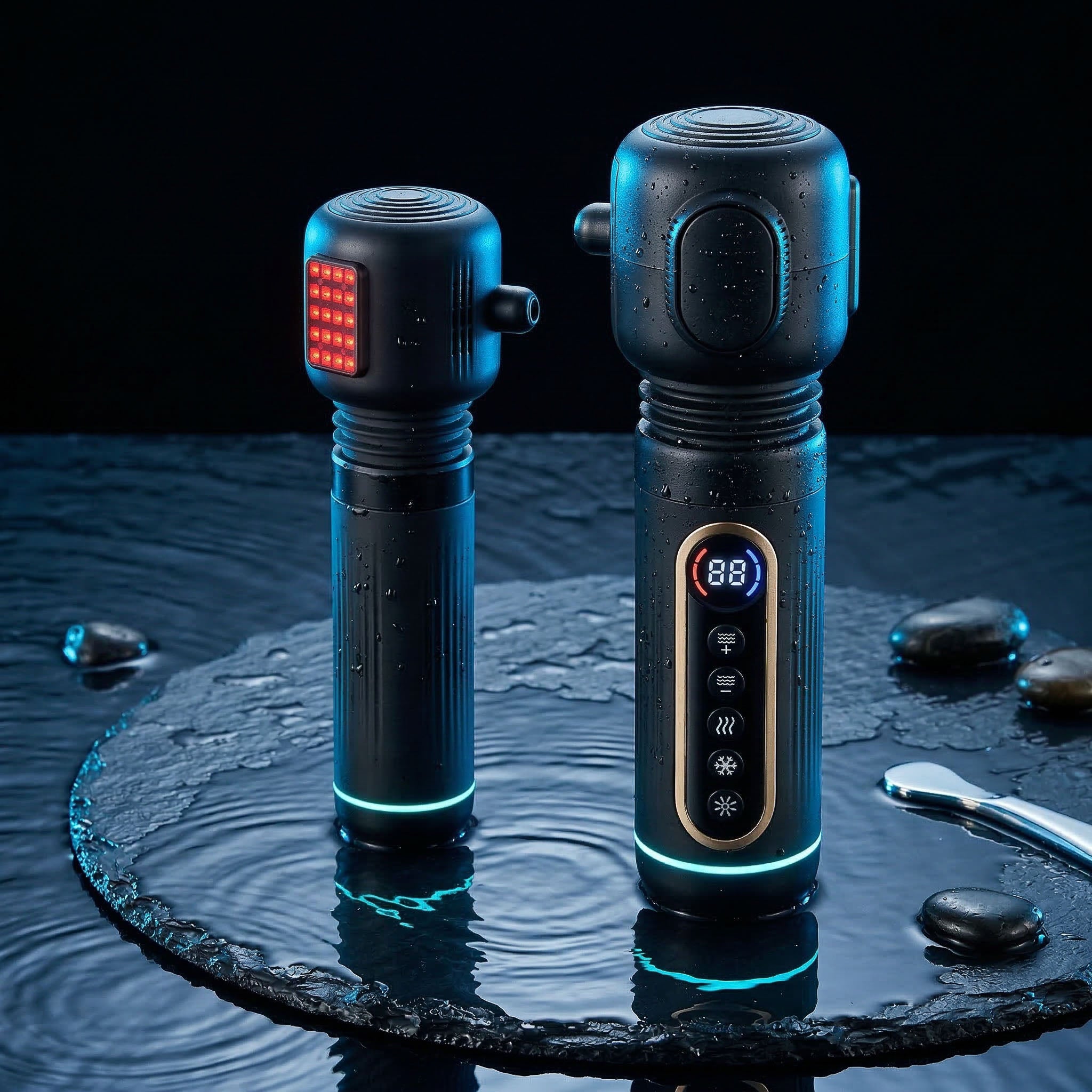 RECON Deep Pulse Massage Gun — vertical flashlight-style percussion tool with 4 heads and hot/cold contrast