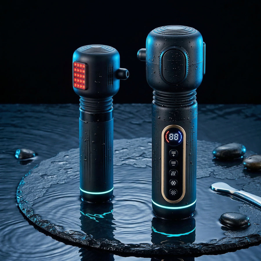 RECON Deep Pulse — vertical cylindrical massage tool with red light, contrast therapy heads, and acupressure attachment