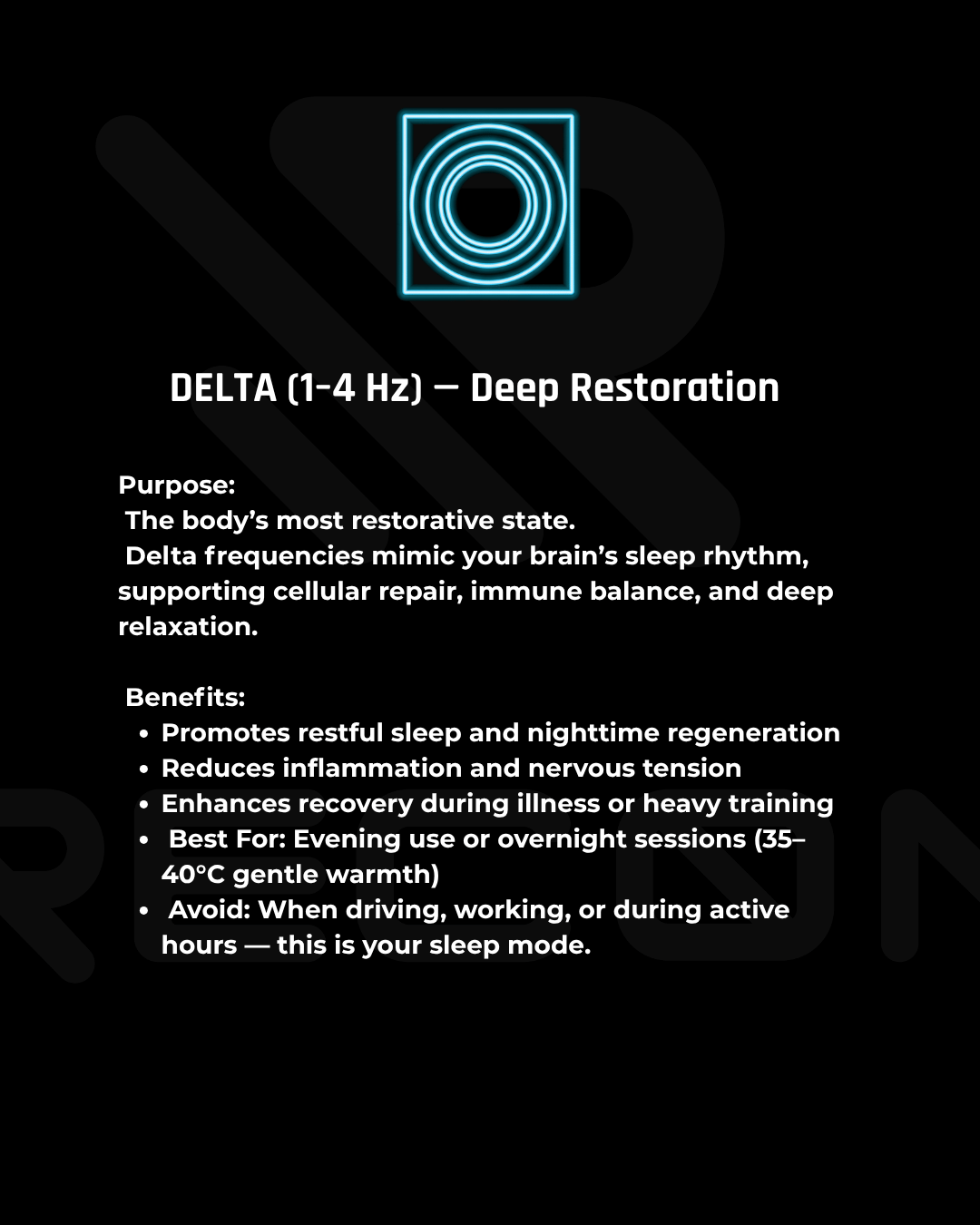 Information about Delta (1-4 Hz) frequency for deep restoration on a black background with text and a blue circular symbol.