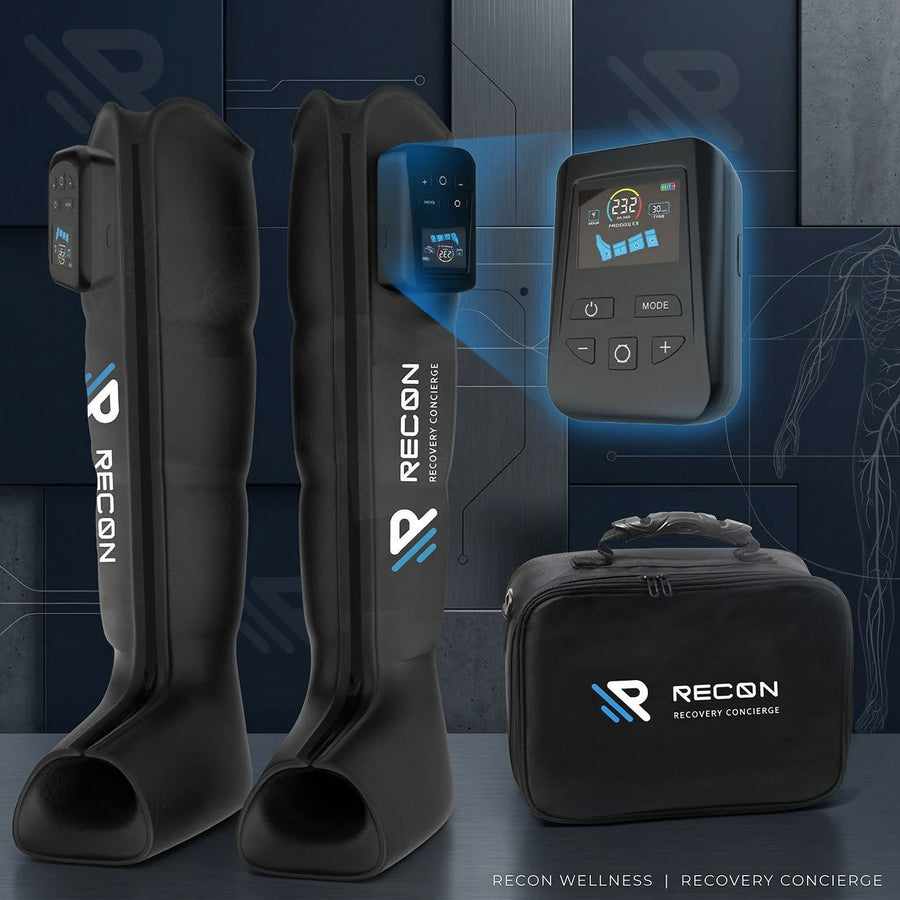 RECON Pro Compression Boots — hose-free wireless sequential compression for post-training lymphatic flush