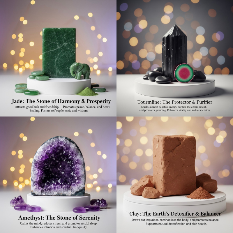 Four crystal stones with descriptions and bokeh lights in the background