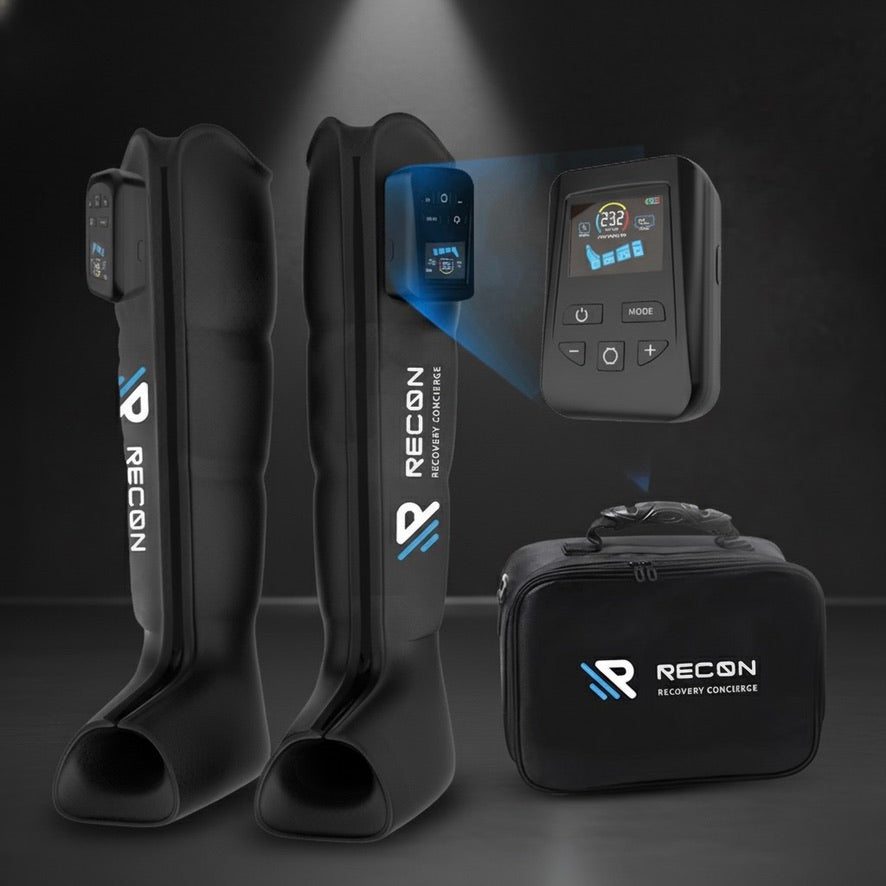 Recon recovery compression boots and device on a dark background