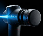 Blue massage gun with 'RECON' branding on a black background