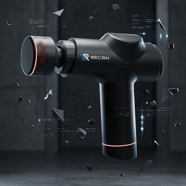 Black recon wellness massage gun with red accents on a dark background