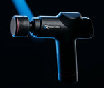 Black massage gun with blue light on a black background, featuring the Recon brand.