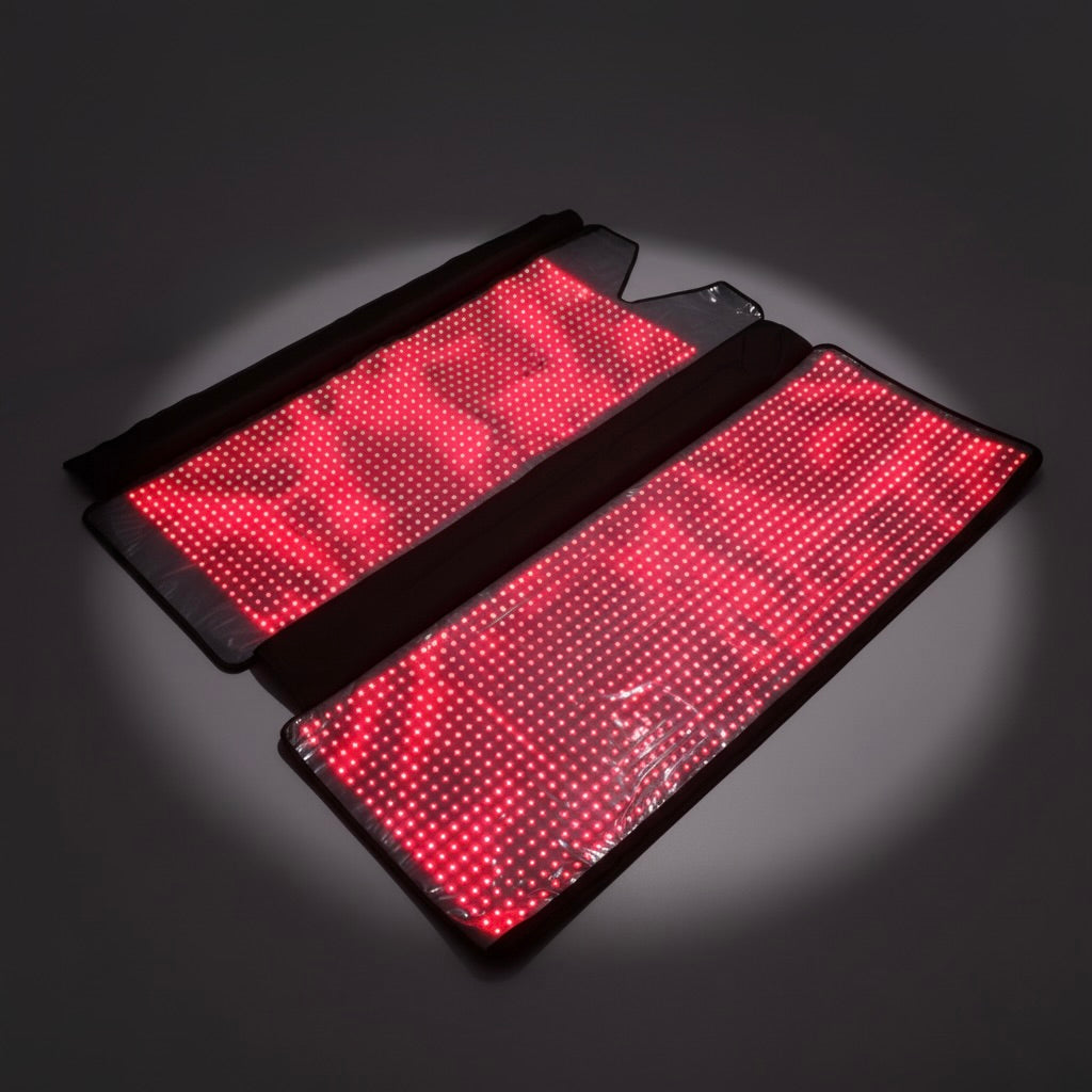 Red LED light panels on a dark background