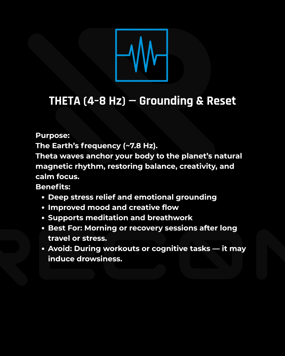Information about Theta frequency for grounding and reset on a black background with a blue wave symbol.