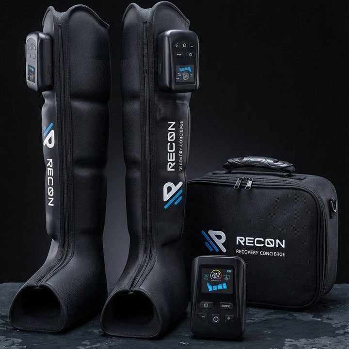RECON Pro Compression Boots with built-in wireless compressors and travel case